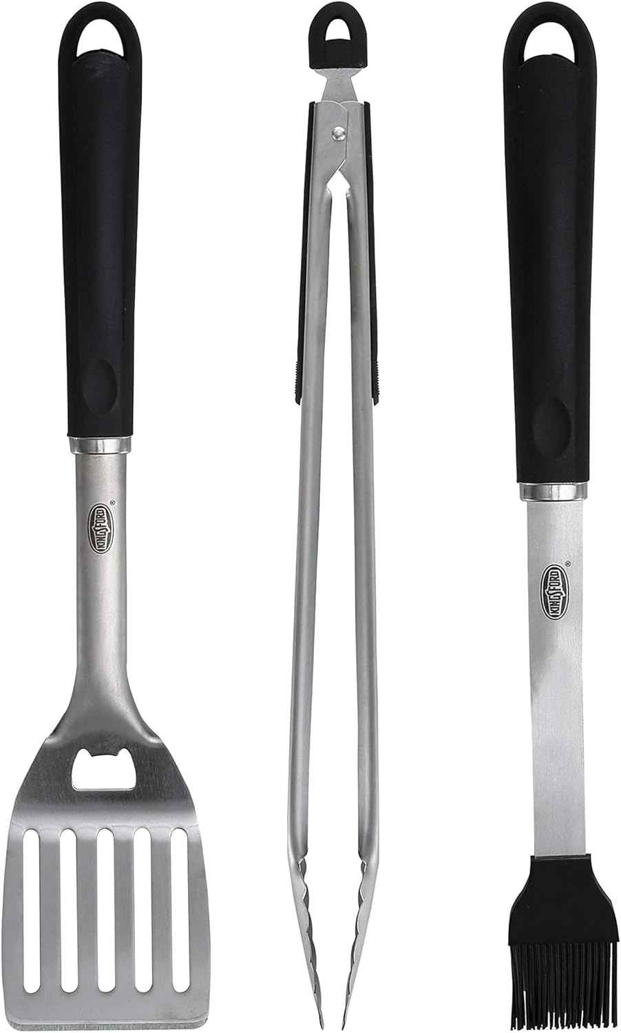 Kingsford 3-Piece Rust-Resistant Stainless Steel BBQ Tool Set, 3 Count | Rust-resistant stainless steel, spatula tongs and basting brush, outdoor grilling and cooking