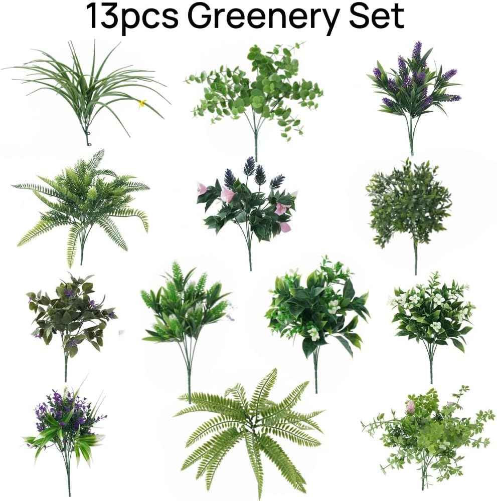 Laelfe UV Resistant Artificial Plants & Flowers, 13 Bundles | Fade Resistant 5000H UV Tested, Faux Fern Lavender Greenery Stems, Fake Plastic Shrubs for Front Porch Garden Patio