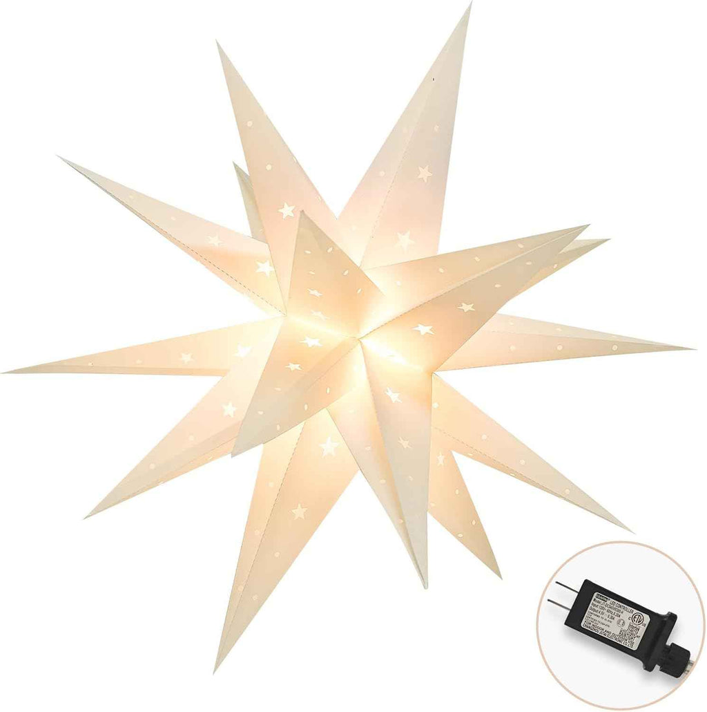 23" Plug-in Moravian Star Outdoor Light with Timer, Warm White 3D PVC Christmas Star IP44 Waterproof Hanging Decoration for Porch, Garden, Wedding, Indoor Holiday Display