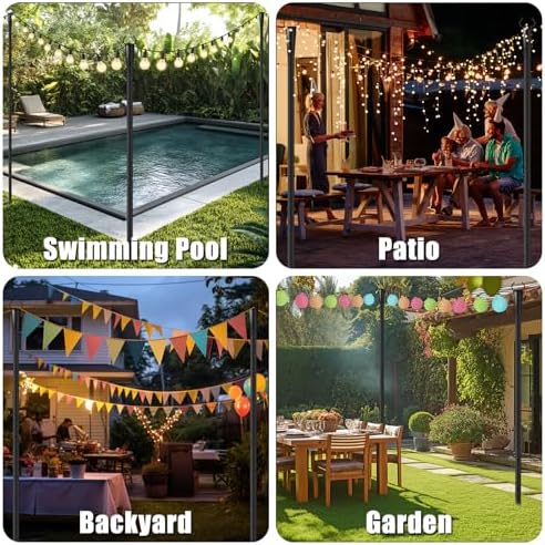 10Ft String Light Poles 4 Pack for Outside, Metal Outdoor Light Poles with 5 Prongs for Garden Patio Backyard Deck, Fence Bracket Hanging Light for Party Wedding Decor