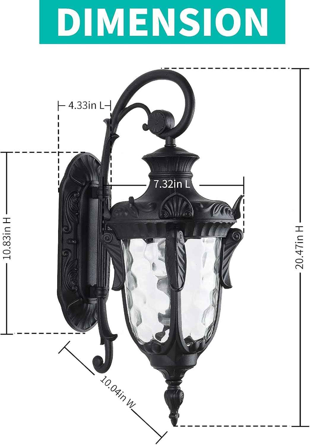 LONEDRUID 20.47" Outdoor Wall Light Fixture Black Exterior Wall Lantern | Outside Waterproof Sconce Rustic Porch Lights Wall Mount with Hammered Glass Shade for House