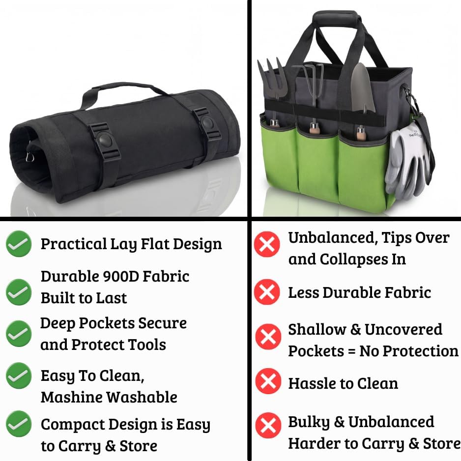 OGRE Roll-Up Garden Tool Bag Only, Heavy-Duty Organizer with 6 Pockets | 900D polyester, water resistant, lays flat, hangs vertically, compact storage, reinforced stitching