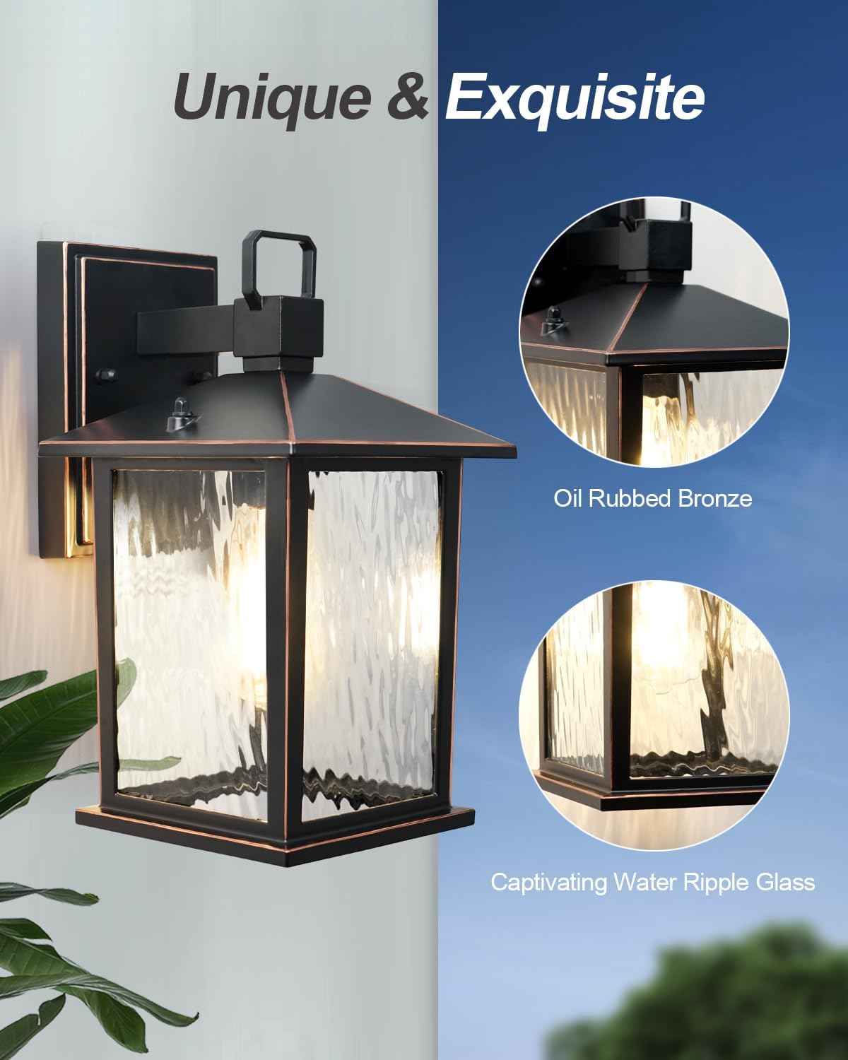 Oil-Rubbed Bronze Outdoor Wall Light, 12'' Porch Light Aluminum | 1-Pack Exterior Wall Sconce with Water Ripple Glass, Waterproof Outside Lights for House Patio Front Door, Bulb Not Included