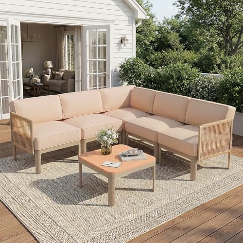 EROMMY 6-Piece Patio Sectional Sofa Set, 6" Thick Cushions, Beige