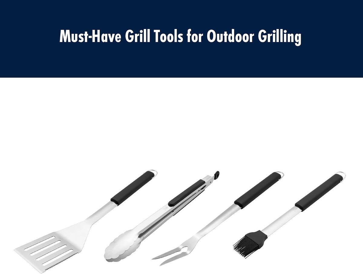 HENCKELS BBQ Grill Tool Set, 4-Piece Stainless Steel Barbecue Accessories with Spatula, Tongs, Fork & Basting Brush, Heavy Duty Outdoor Grilling Kit for Camping, Tailgate & Backyard Cooking