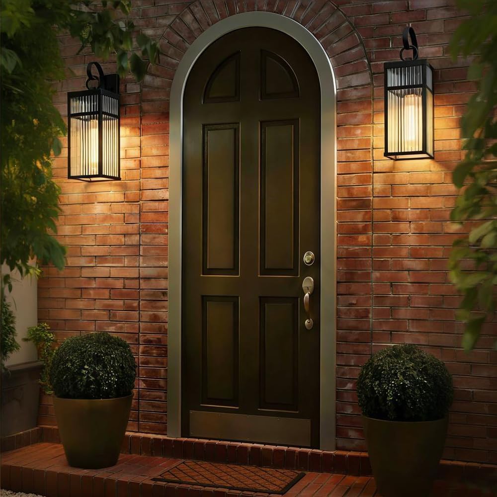 Outdoor Wall Lights, 16 inch Black Wall Sconce, Modern Exterior Lighting Fixture, Porch Lantern Wall Mount with Striped Glass for Patio, House,1 Pack