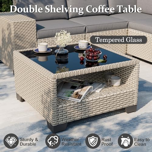 6-Piece Outdoor Patio Furniture Set, Modular Sectional Sofa Set with Glass Coffee Table and Cushions, Wicker Outdoor Couch Conversation Sets, Gray