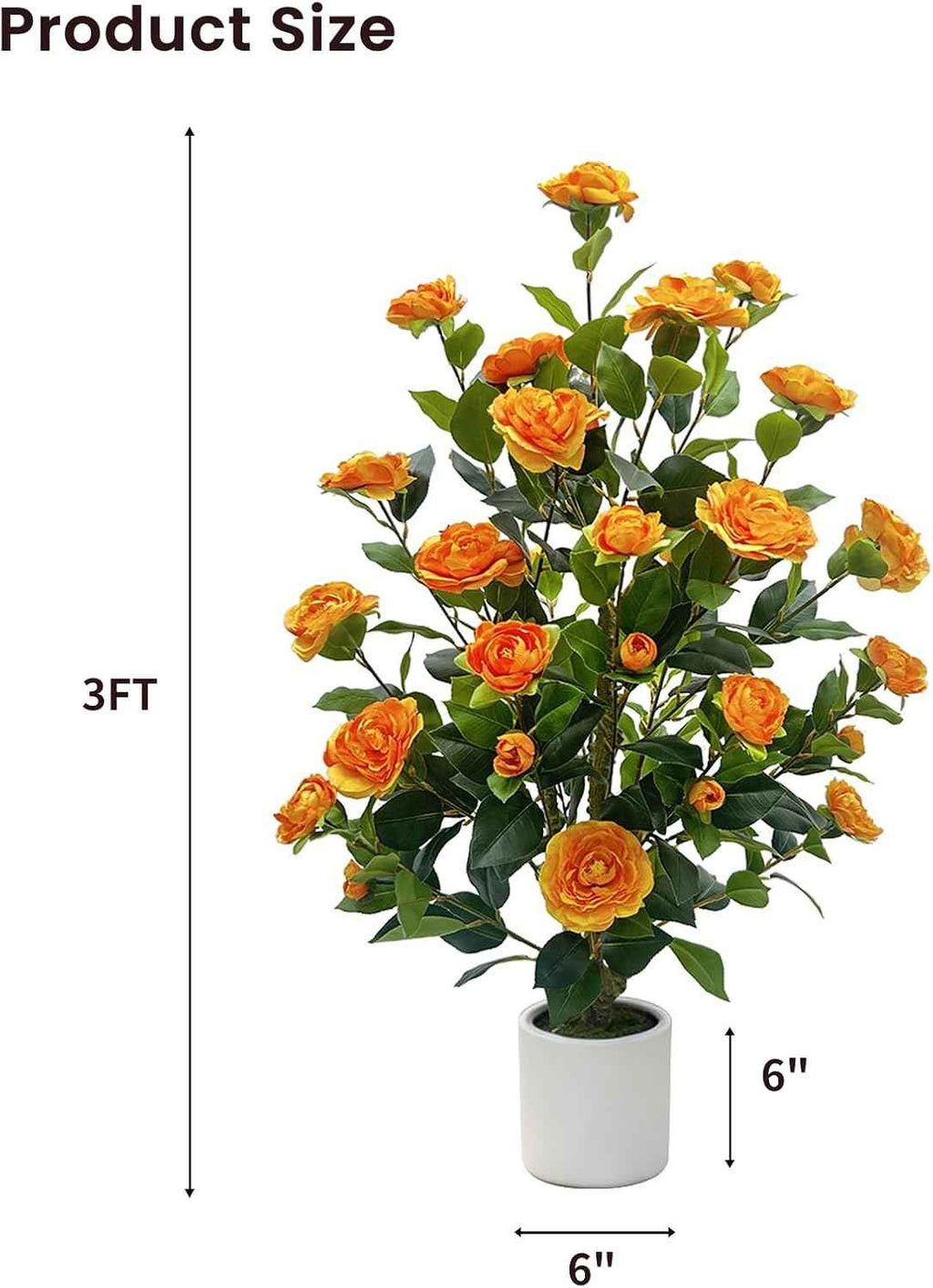 2 Pack Artificial Camellia Tree, 3FT Faux Flowering Camellia Plant Indoor Outdoor, Realistic Silk Artificial Flower in Planter, Greenery Faux Fake Tree Plant for Home Office Porch Patio Decor, Orange