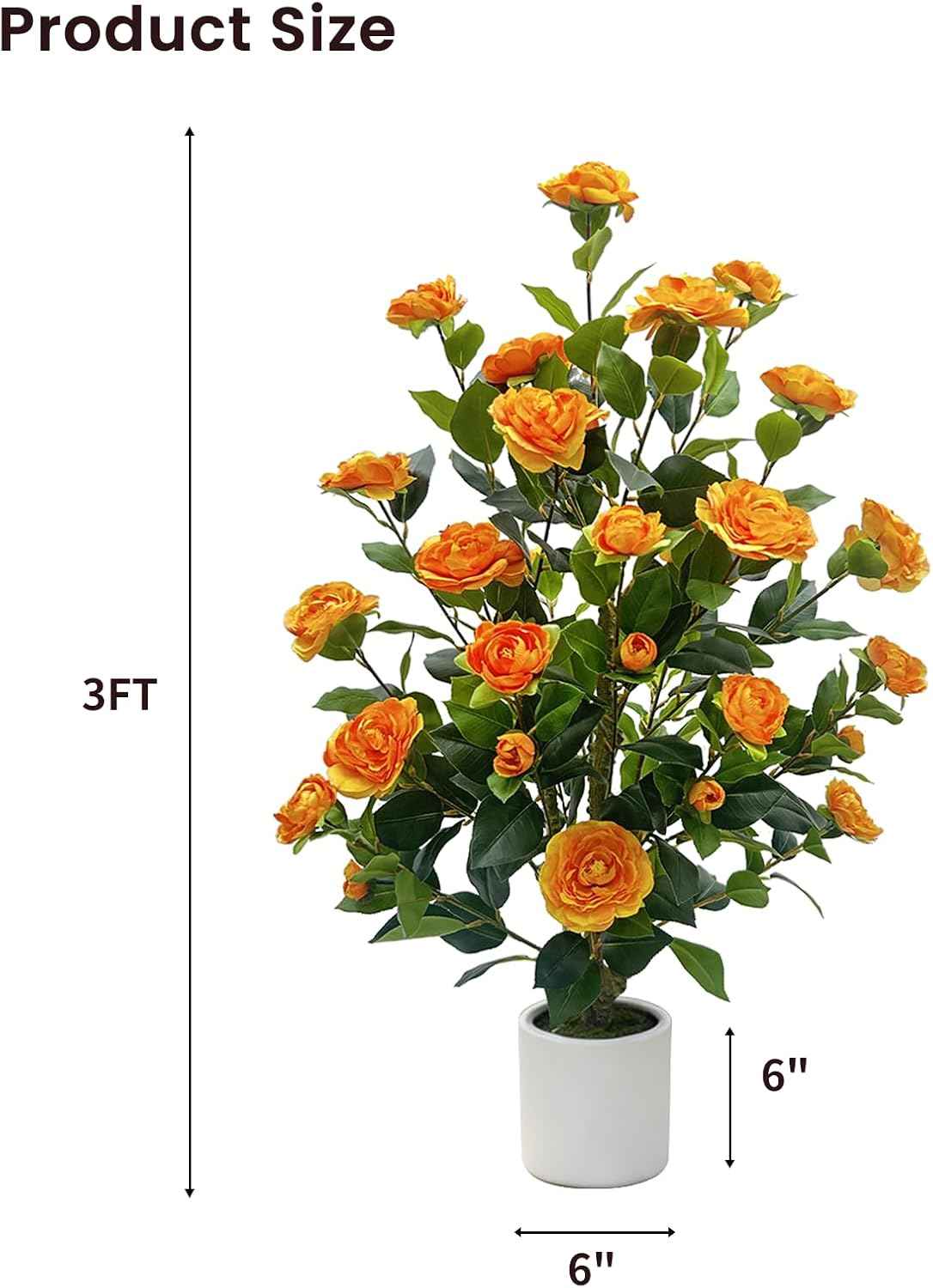 2 Pack Artificial Camellia Tree, 3FT Faux Flowering Camellia Plant Indoor Outdoor, Realistic Silk Artificial Flower in Planter, Greenery Faux Fake Tree Plant for Home Office Porch Patio Decor, Orange