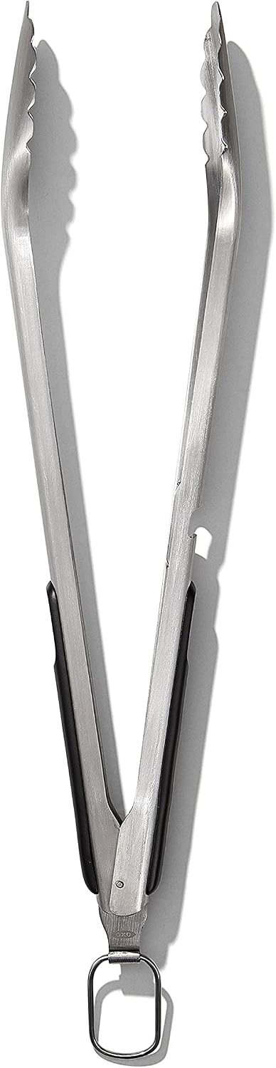 OXO Outdoor 3 Piece Grilling Tool Set | Set Includes Stainless Steel Turner, Scalloped Tongs and Tool Rest, Ideal for Grilling and BBQ
