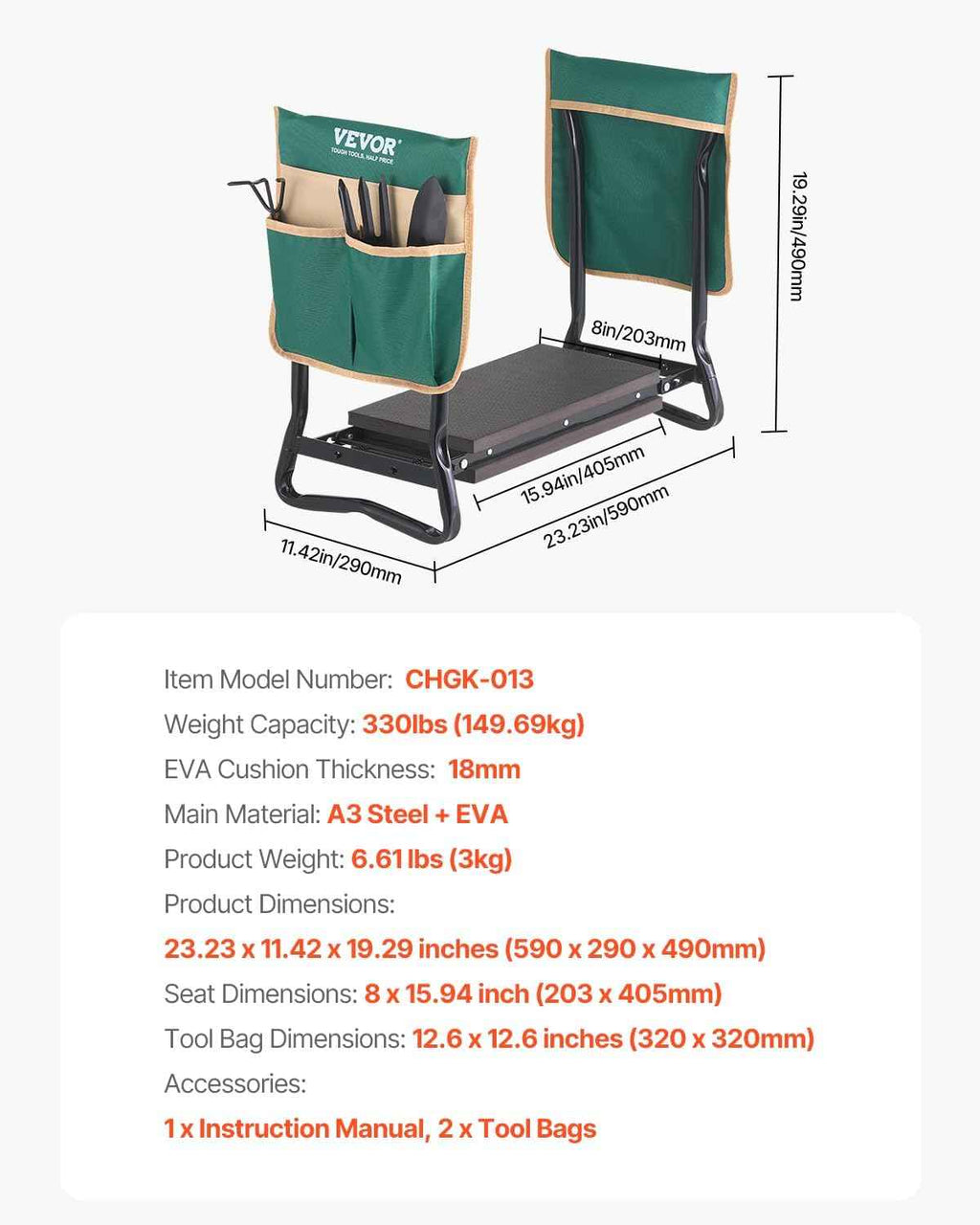 VEVOR Garden Kneeler and Seat Heavy Duty, Kneeling Bench for Gardening | Garden Stool with 8'' EVA Kneeling Pad and 2 Tool Bags, Garden Chair, Relieve Knee & Back Pain, Great Gifts for Seniors