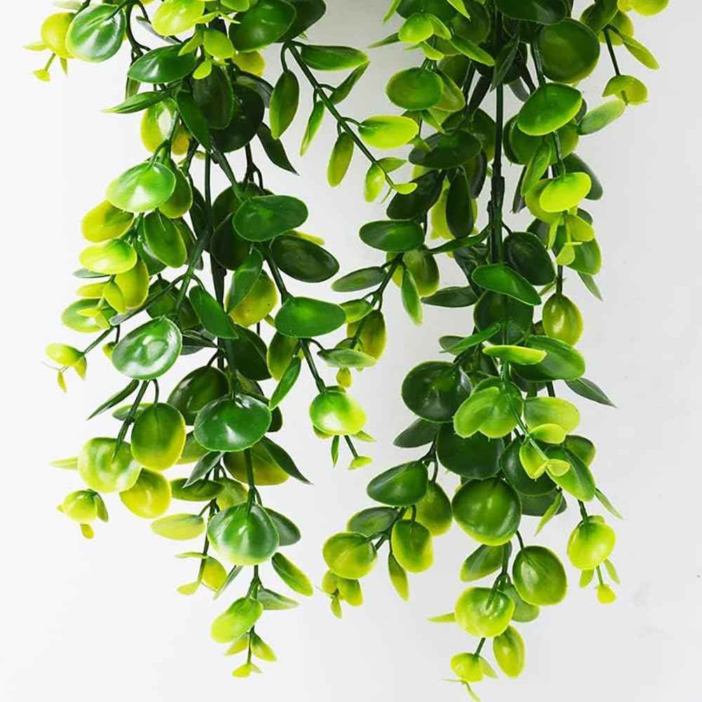2pcs Artificial Hanging Plants Fake Hanging Plant Faux Eucalyptus Leaf Greenery Vine Outdoor UV Resistant Plastic Plants (2, Green)