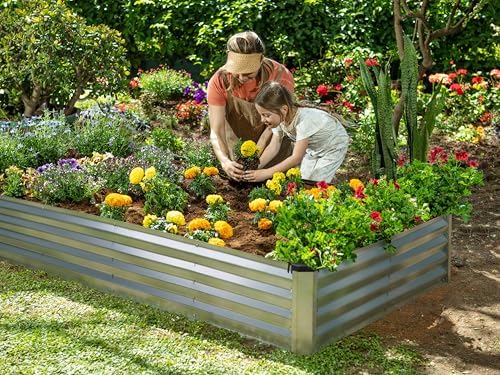 Plant & Plot Galvanized Raised Garden Beds Outdoor // 8×4×1 ft Planter Raised Beds for Gardening, Vegetables, Flowers (Silver) // Large Metal Garden Box // Patented Tool-Free Design