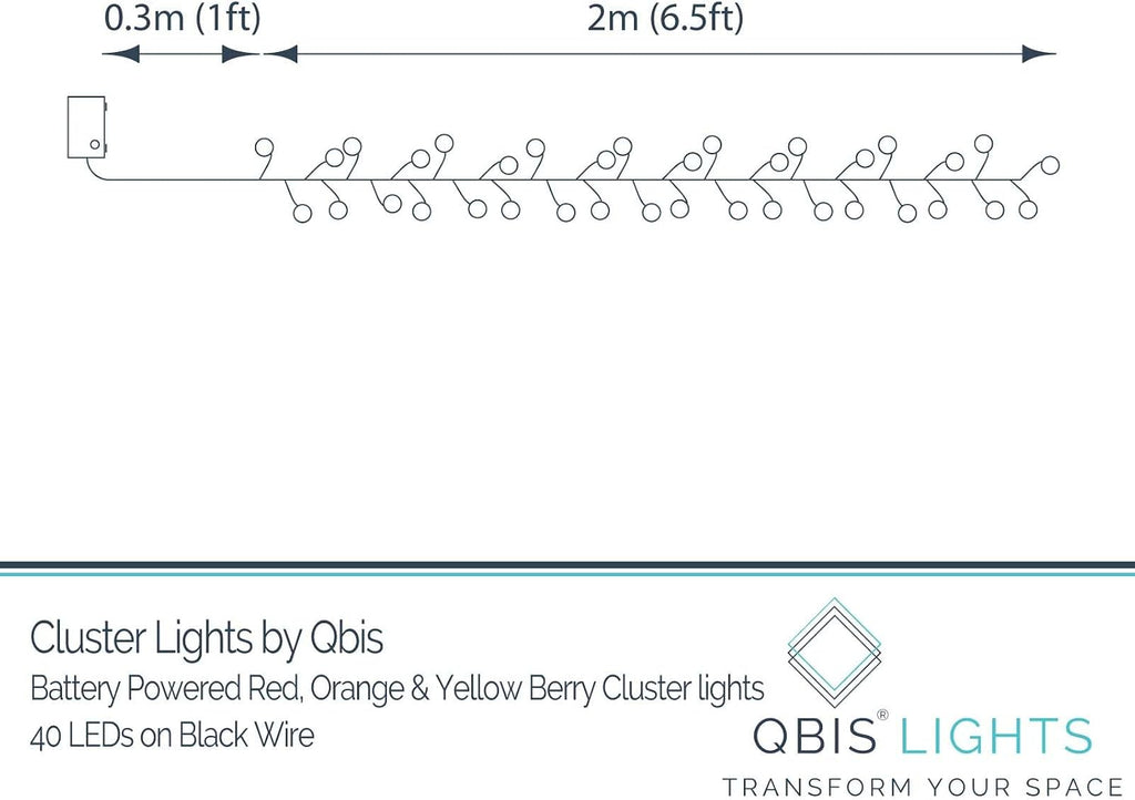QBIS Battery Powered Halloween Lights, 40 Berry Lights, Orange Yellow Red | 40 Battery Operated Cluster String Light, Fall Decor, Thin Black Wire, 6.5ft, Timer, Indoor Outdoor for Window, Fireplace