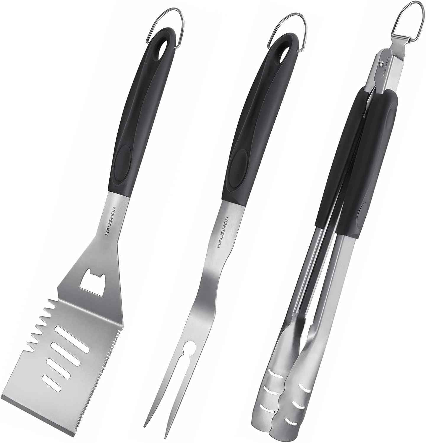 HAUSHOF Large Grill Accessories Heavy Duty BBQ Set Gifts for Men/Women - Premium Stainless Steel Spatula, Fork & Tongs, Barbecue Utensils Tool Kit Gift for Grilling Lover Outdoor