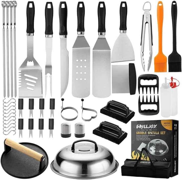 Grilljoy 46PC Griddle Accessories Set with Robust Plastic Handle, All-in-One Griddle Tools Kit for Flat Top Grills Teppanyaki Hibachi, Stainless Steel Grill Spatula Kit for Outdoor Camping Grilling