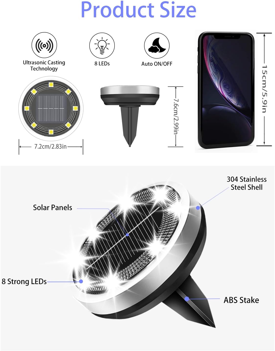 Solar Lights Outdoor Waterproof, 12 Pack 8 LED, Thickened Stainless Steel Ground Light, Solar Garden Lights Landscape Lighting for Patio Pathway Lawn Yard Deck Driveway Walkway, Cool White