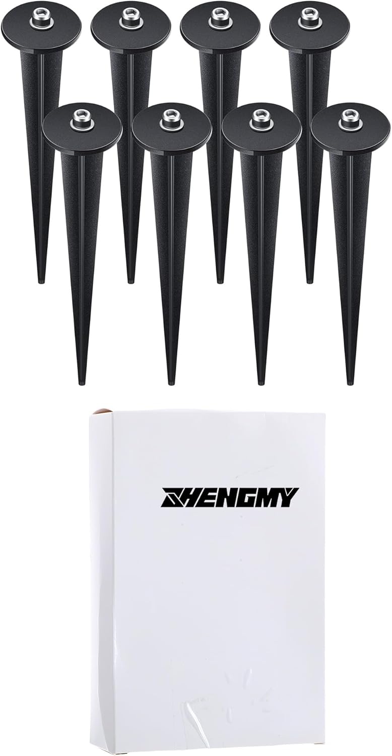 Zhengmy 8 Packs Flood Light Ground Stakes Metal Threaded for Solar,Black | Replacement Stakes with Hex Screws for LED Landscape Lights, 6.3 Inch Fits Gardens Yard Path Lawn Decorations, Metal