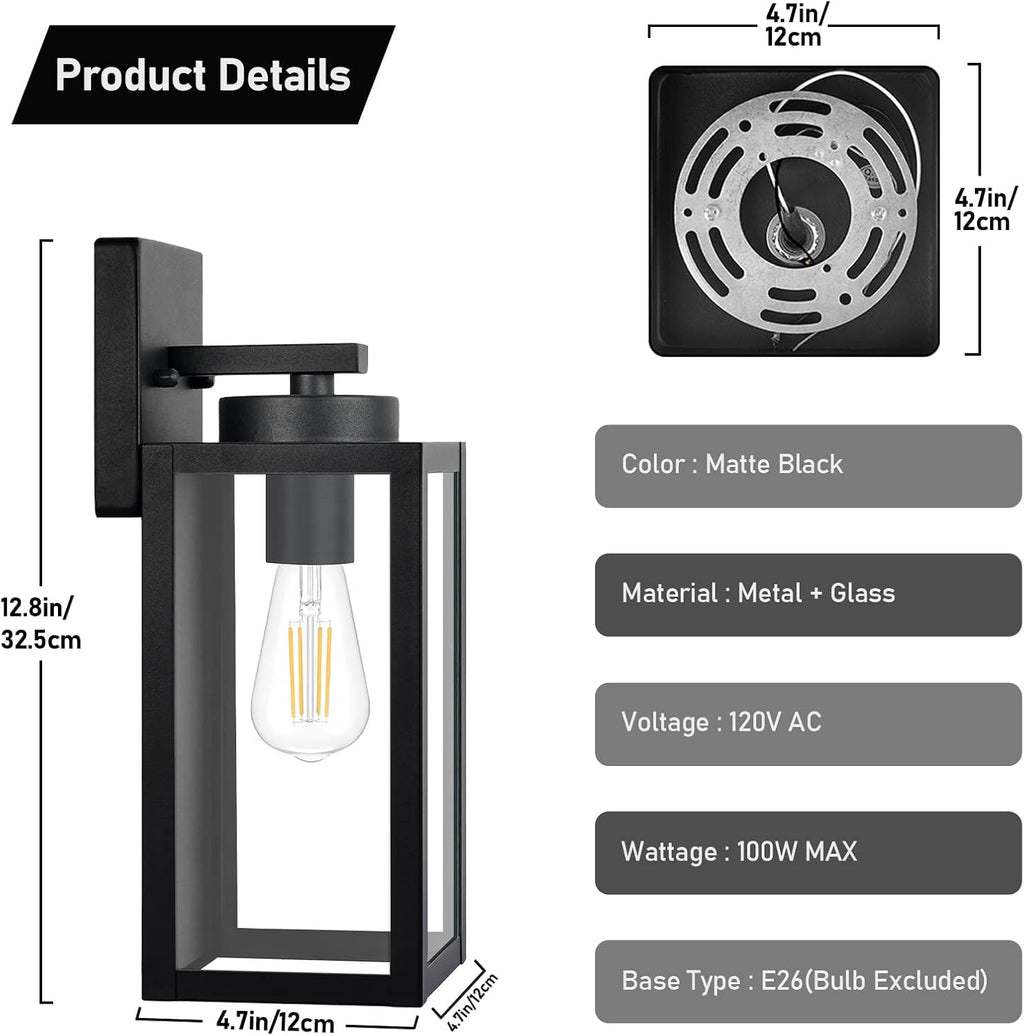 BesLowe Outdoor Wall Light Fixtures, Modern Black Exterior Wall Lanterns | Waterproof Metal Construction, Rust-resistant, Quick & Easy Installation, Clear Glass Shades & Standard E26 Socket