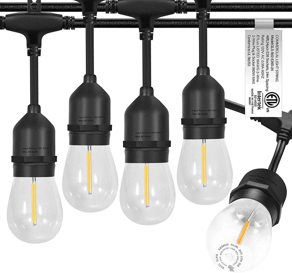 𝟒𝟖𝑭𝑻 LED Outdoor String Lights with 𝟮𝟰 Weatherproof Shatterproof Edison 𝑳𝑬𝑫 𝑩𝒖𝒍𝒃𝒔(2 𝑺𝒑𝒂𝒓𝒆)，Commercial Grade Waterproof Hanging Lights for Backyard Porch Balcony Party