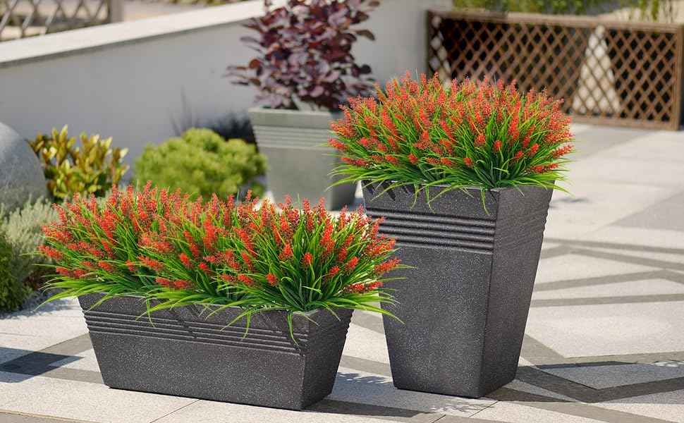 obbsie 12 Bundles Artificial Plants Outdoor, 18.2" UV Resistant Faux Monkey Grass Greenery Stems No Fade Faux Plastic Flowers Shrubs for Home Weddings Garden Porch Front Patio Office Decor - Red