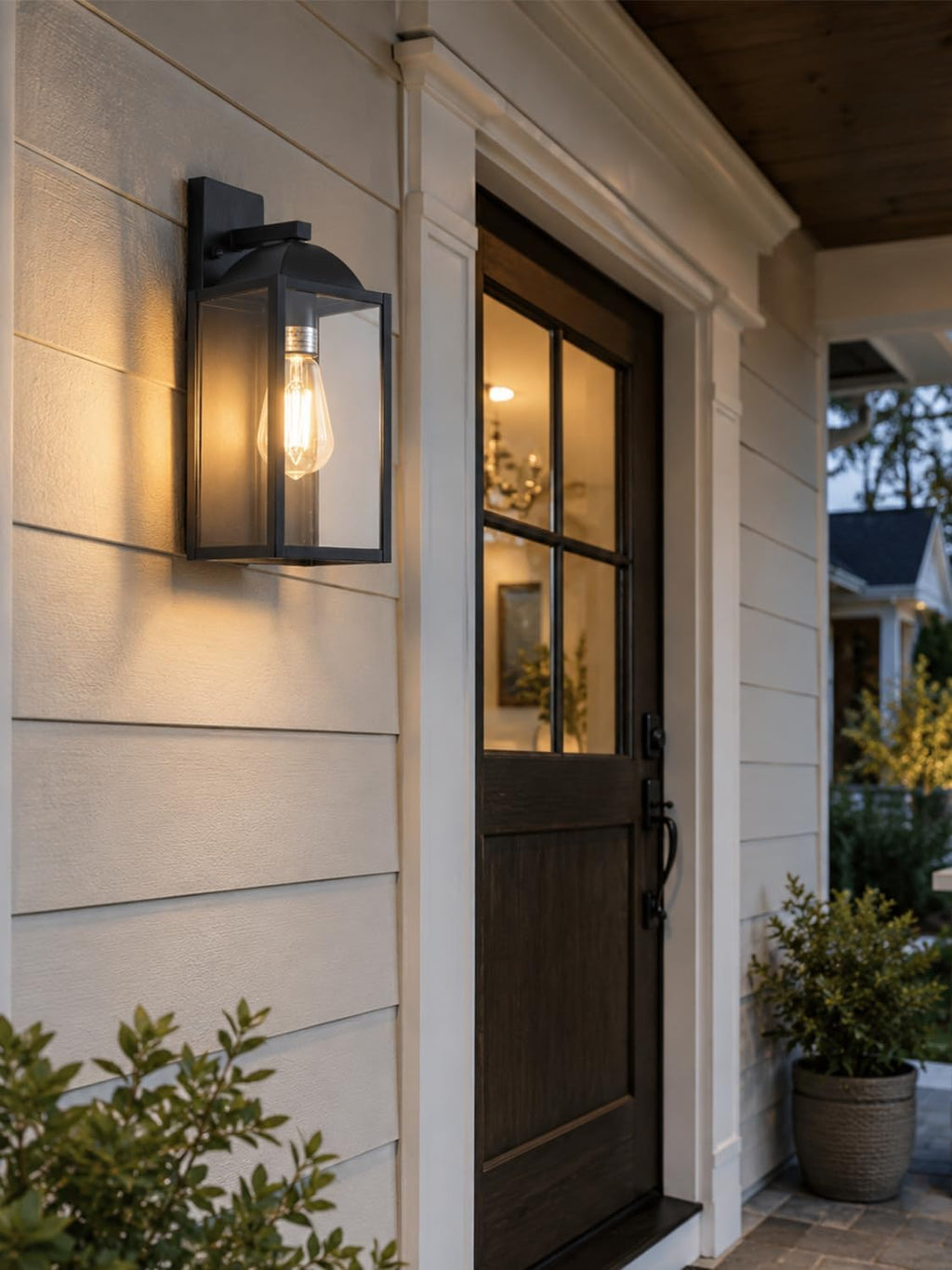 Outdoor Wall Sconce, Waterproof Exterior Lantern, E26 Glass, Black, 1 Pack | Modern matte black exterior fixture with glass shade and E26 socket for porch, patio, entryway, garage, front door, and house