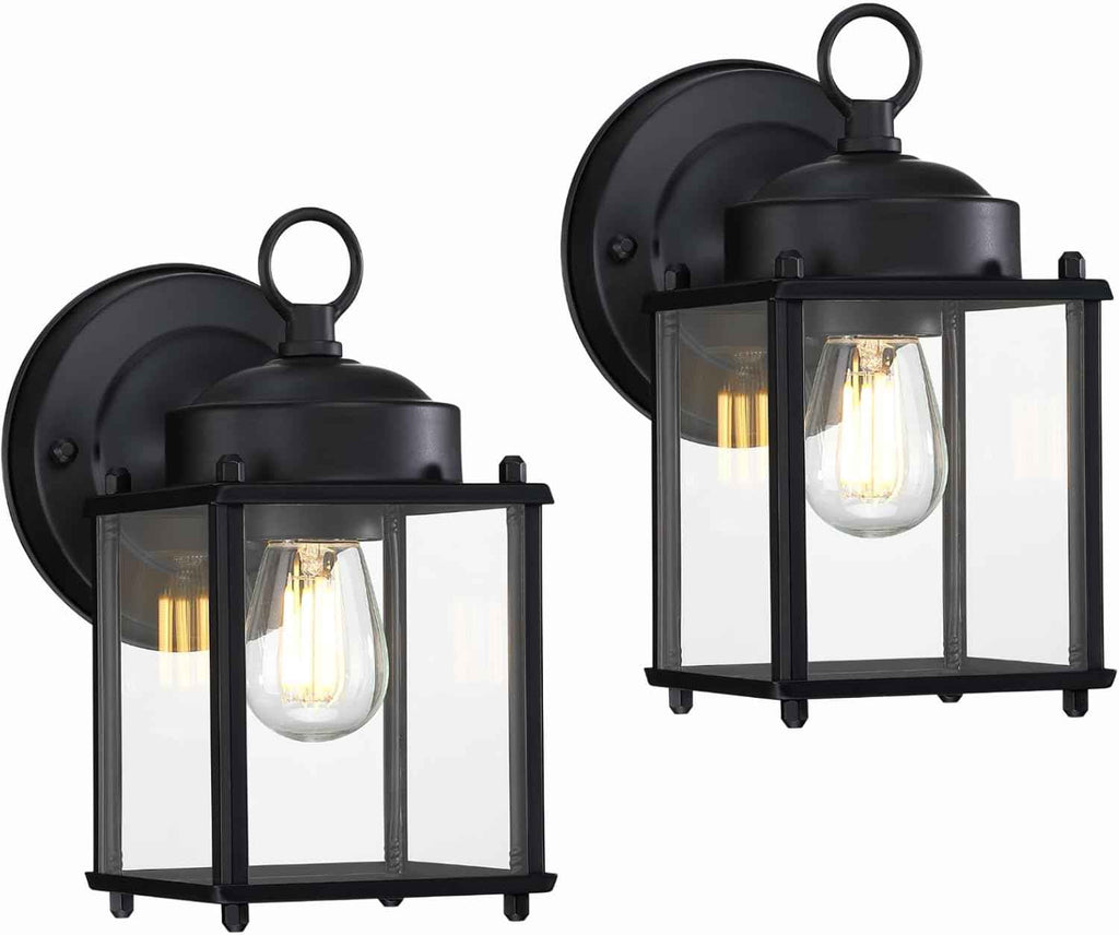GRUENLICH Outdoor Wall Light Fixture, Clear Glass, Black, 2 Pack | Exterior Porch Light Wall Sconce Lantern for House, Patio, Garage, Anti-rust Metal, E26 Socket 60W Max