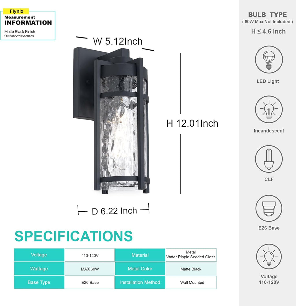 Outdoor Wall Light Fixtures, Waterproof Front Porch Light, Modern Exterior Lighting with E26 Socket, Wall Sconce Lantern Lamp, Black Outside Light for Front Door, House, Garage, Patio (1 Pack)