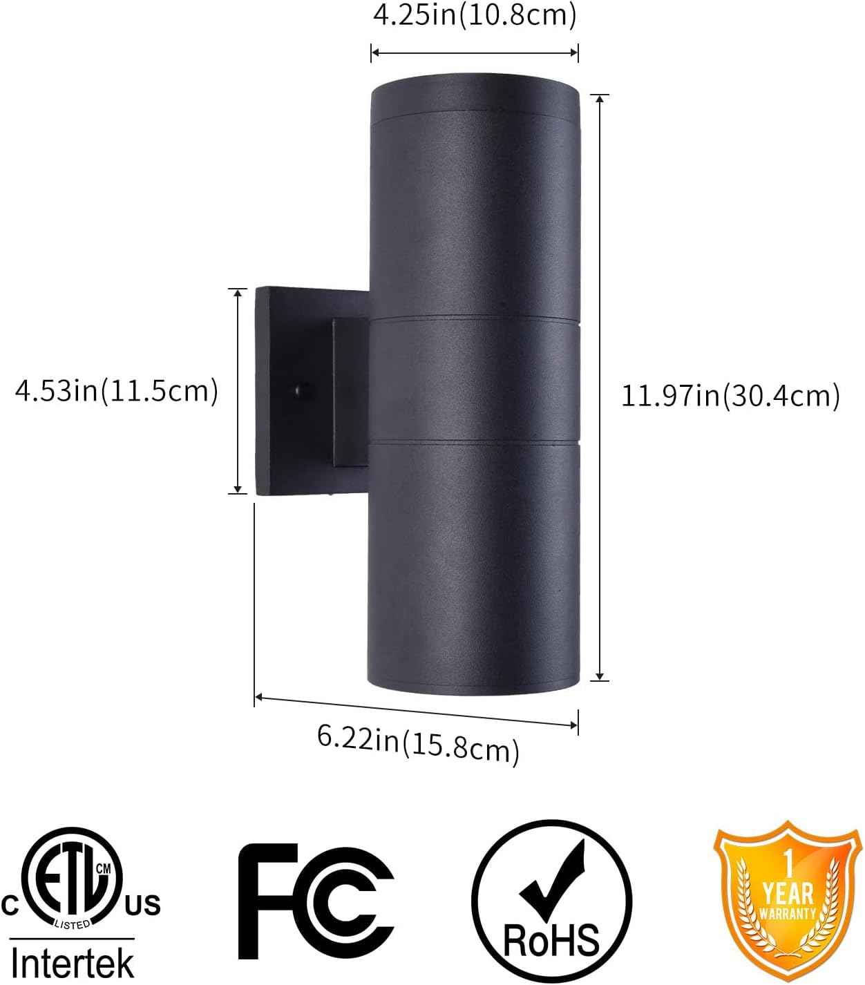 mirrea 12" Modern Outdoor Porch Light in 2 Lights, Matte Black, 2 Pack | Aluminum cylinder exterior fixtures, tempered glass cover, waterproof wall sconce for long-lasting outdoor performance