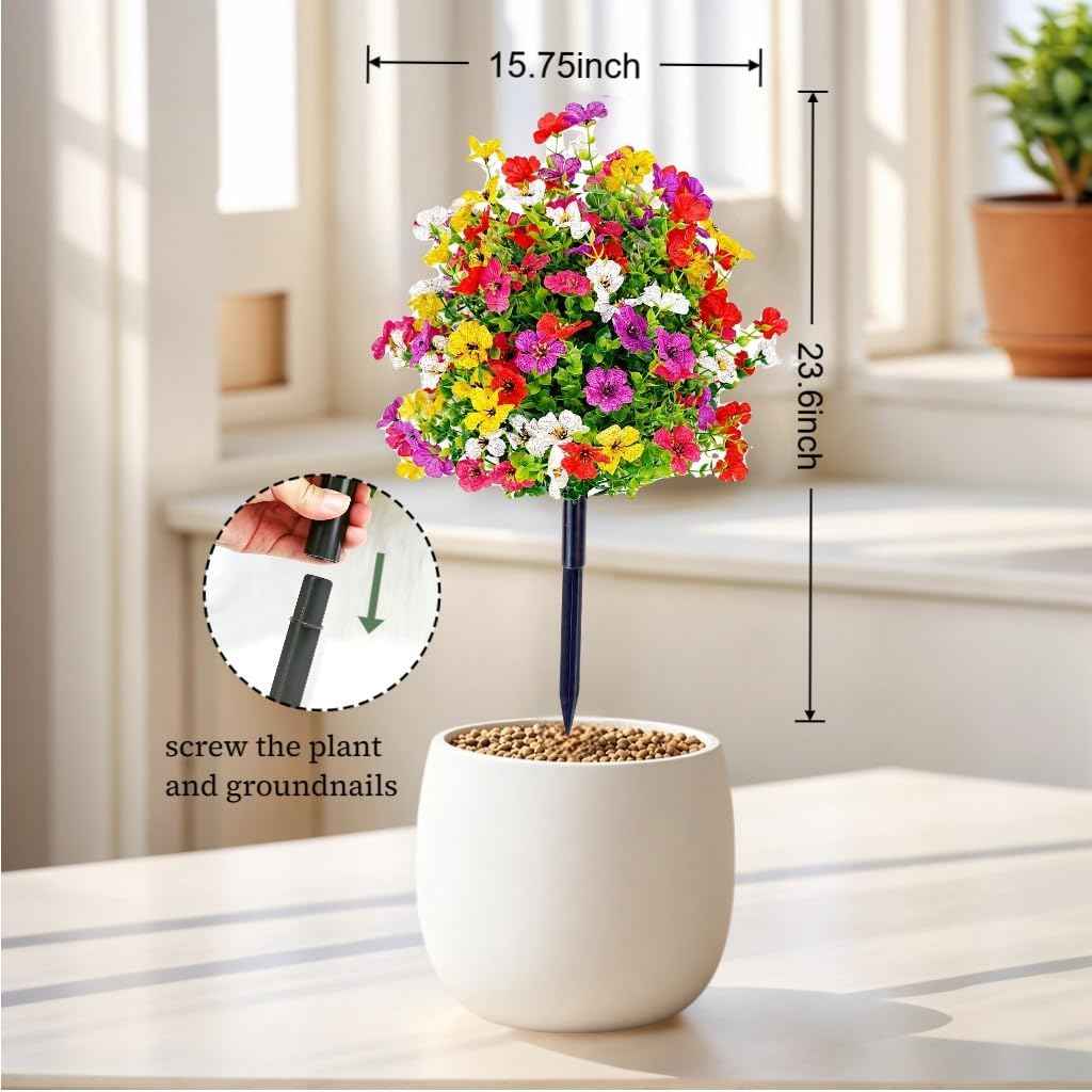 2 Pack Artificial Boxwood Topiary Ball Tree with Violet Flowers, 23.6" UV Resistant Faux Greenery Shrubs Plants with Ground Spike for Outdoors, Fake Bushes for Garden Front Porch Yard Decor