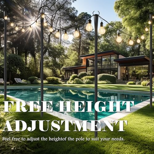 10Ft String Light Poles 4 Pack for Outside, Metal Outdoor Light Poles with 5 Prongs for Garden Patio Backyard Deck, Fence Bracket Hanging Light for Party Wedding Decor