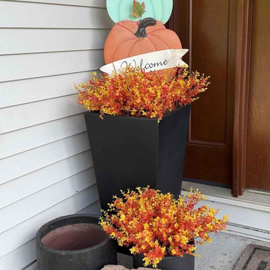 Faux Flower Daisy with Eucalyptus Leaves Fake Plants Greenery Boxwood Outdoor Indoor Garden Home Decoration Porch Patio 12 Bundles Orange