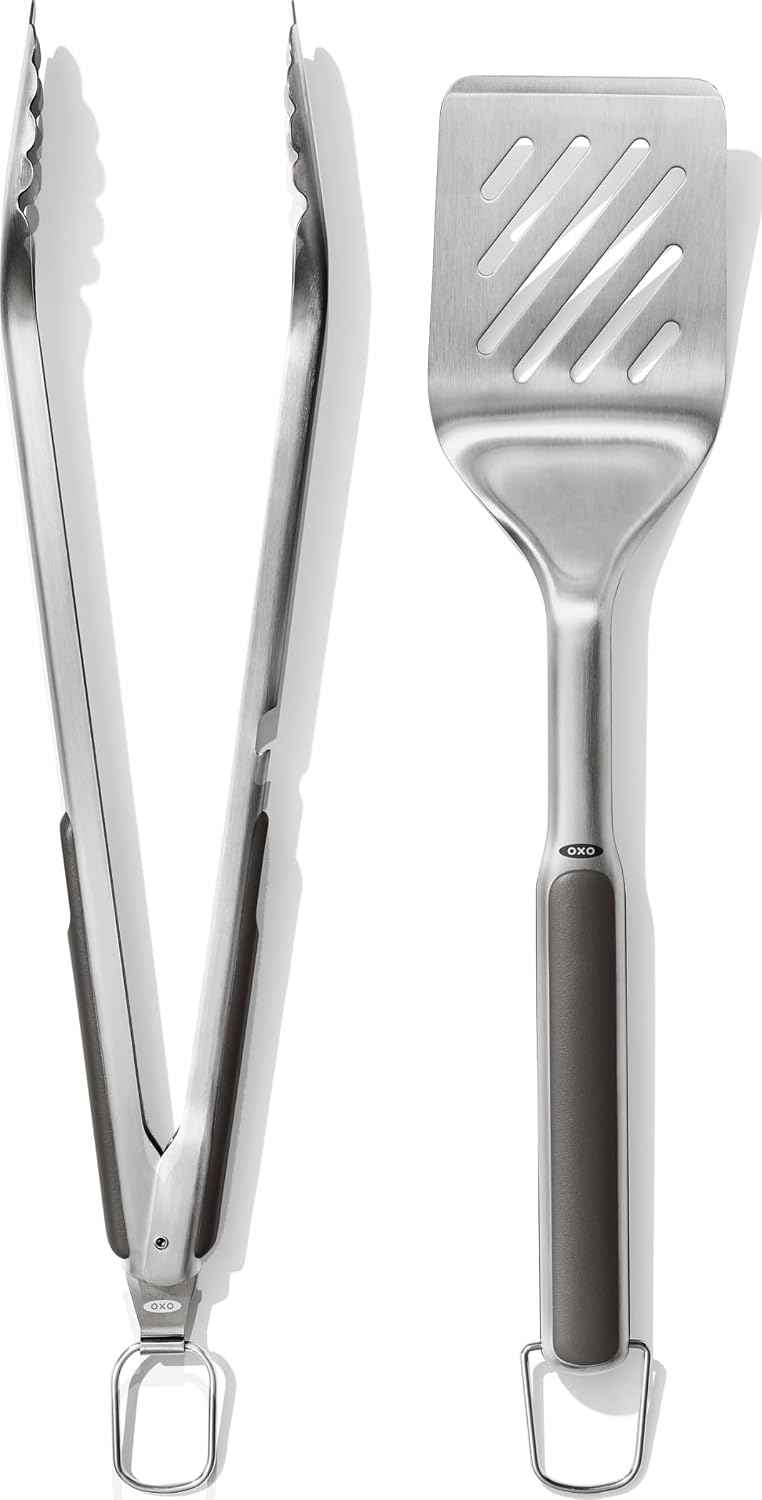 OXO Outdoor Grilling Turner and Tongs Set | Grilling Spatula and Tongs, Beveled Head Slides Under Food, Non-Slip Grip, Hanging Ring, Ideal for Grilling & BBQ