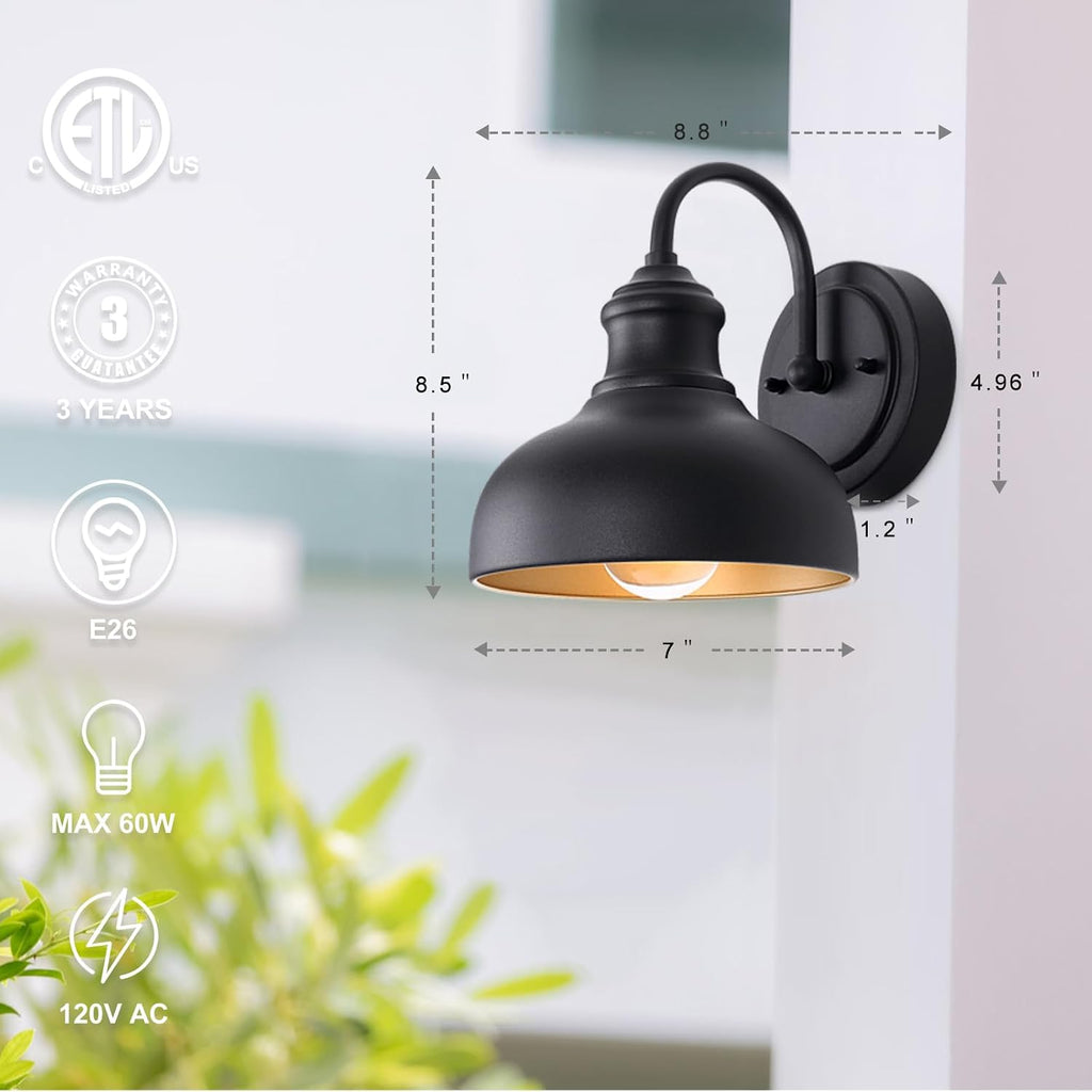 Black Outdoor Gooseneck Lighting for Barn 7 Inch Farmhouse Exterior Light Fixtures with Wall Mount, Small Porch Light with Brass Interior, Outside Gooseneck Wall Sconce for House Garage Patio
