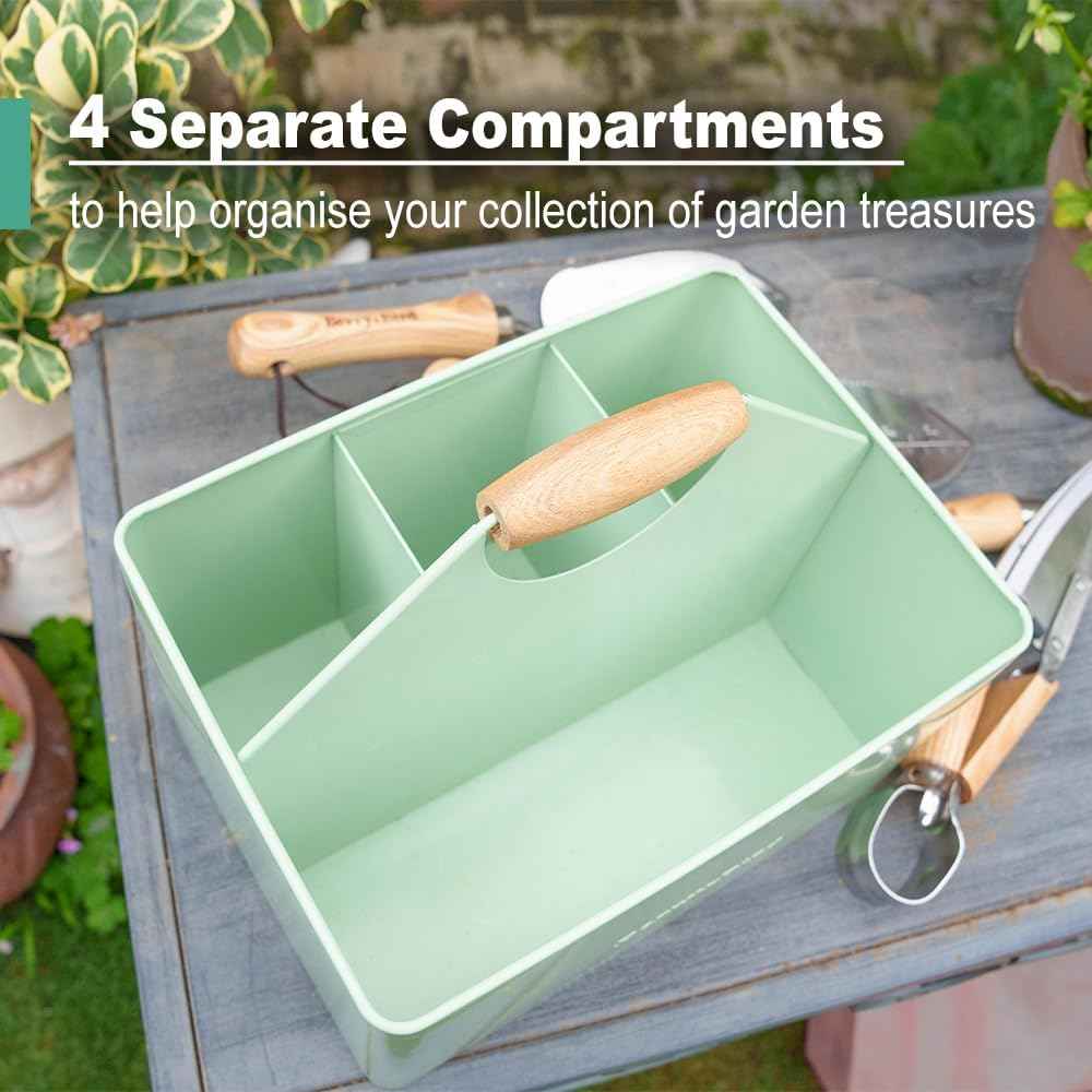 Berry&Bird Garden Tool Organizer, Metal Garden Caddy with 4 Compartments | Gardening Tools Box for Indoor & Outdoor, Wooden Handle Garden Tool Basket, Practical Gardener Gift for Gardening Lovers