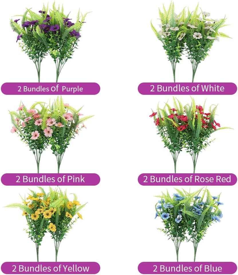 ZEOSTARO Artificial Outdoor Plants 12 Bundles Fake Boston Fern with Eucalyptus Flowers Faux UV Resistant Greenery Garden Window Box Porch Farmhouse Hanging Decor(Mix Flowers&Fern)