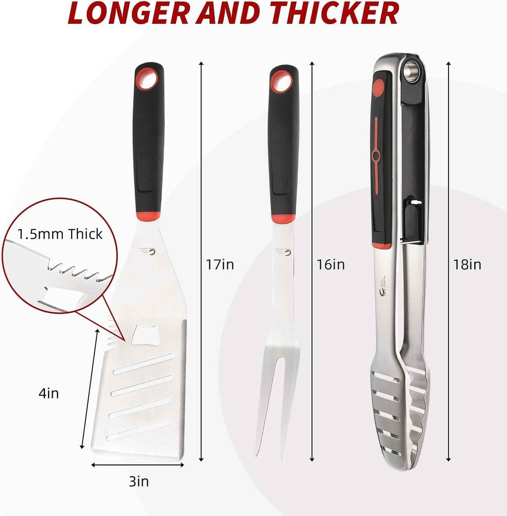 BBQ Tools Set, 4 PCS Heavy Duty Stainless Steel Spatula, Fork, Tongs with Portable Bag, Essential Accessories for Barbecue Outdoor Grill, Grilling Gifts for Men Dad Camp Chef