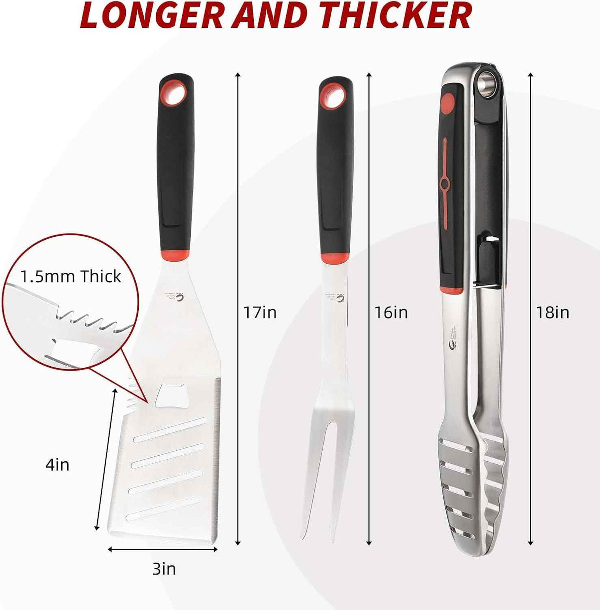 BBQ Tools Set, 4 PCS Heavy Duty Stainless Steel Spatula, Fork, Tongs with Portable Bag, Essential Accessories for Barbecue Outdoor Grill, Grilling Gifts for Men Dad Camp Chef