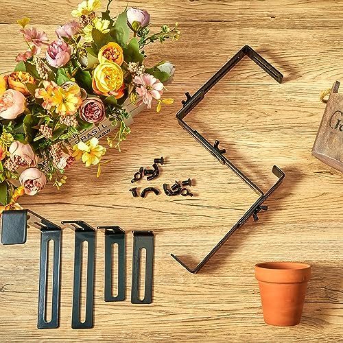 Leinuosen 8 Pcs Adjustable Window Boxes Brackets Planter Box Bracket Heavy Duty Deck Railing Hanging Flower Stand for Windowsill Garden Fence Balcony (Black)