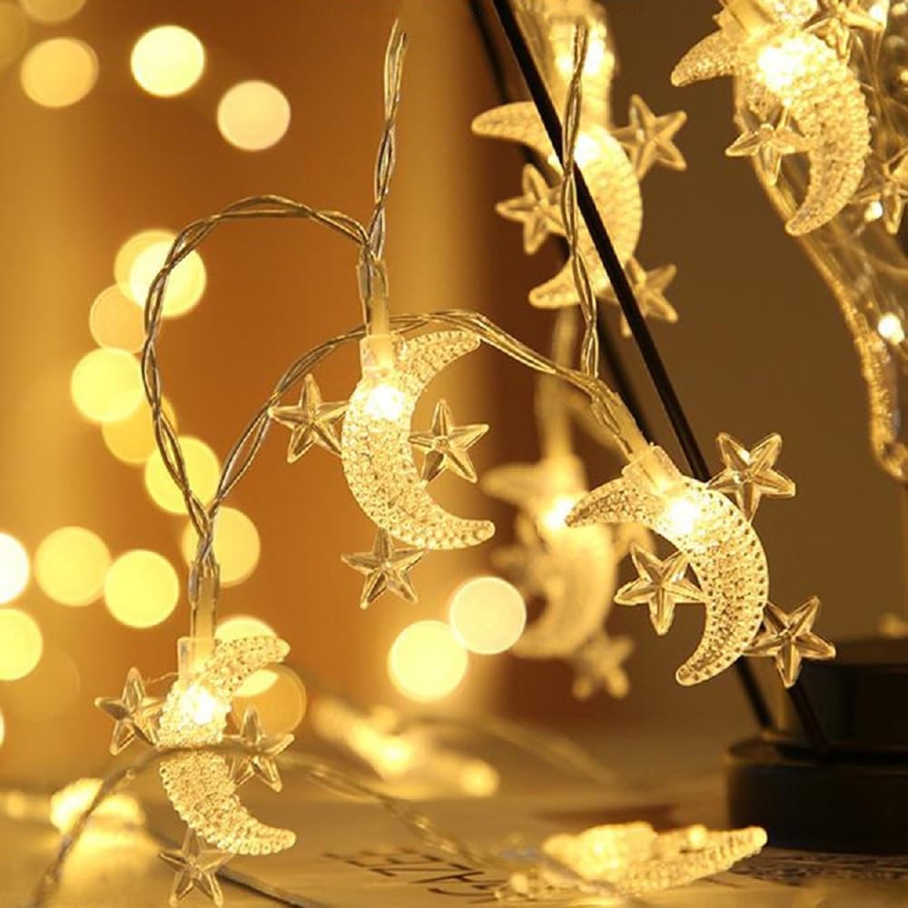 Moon Star String Lights Plug in, 10ft 20 LED Star and Moon Fairy Lights Warm White for Birthday Party Christmas Holiday Home Decoration