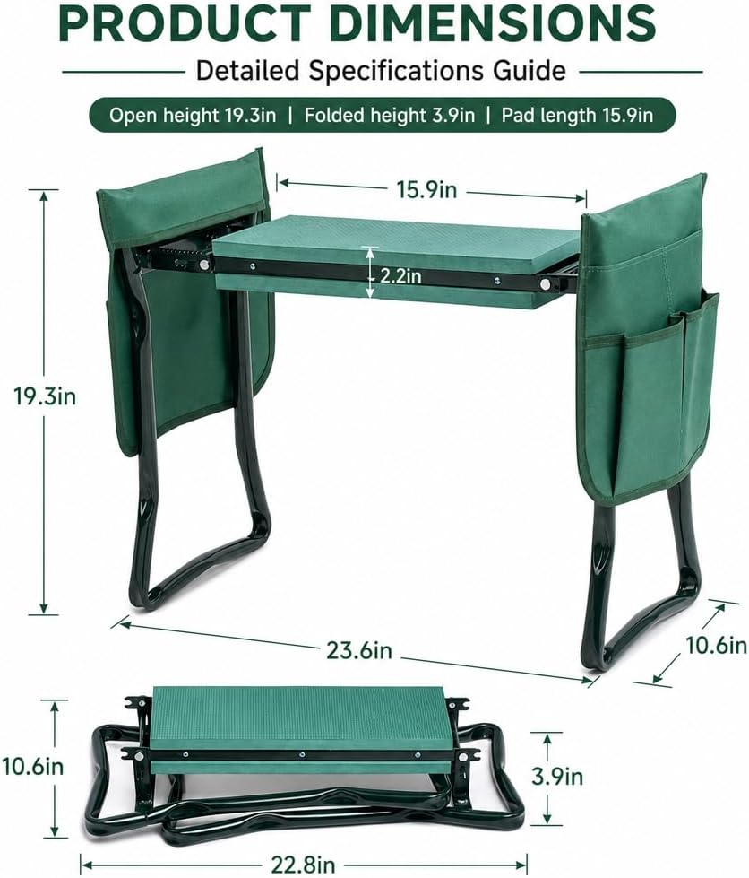 Garden Kneeler and Seat, Foldable Kneeling Stool with Thicker EVA Foam Pad, Heavy Duty Bench with Tool Pouch, Gifts for Outdoor Gardening, Fishing, Green, Arbor Day Gift