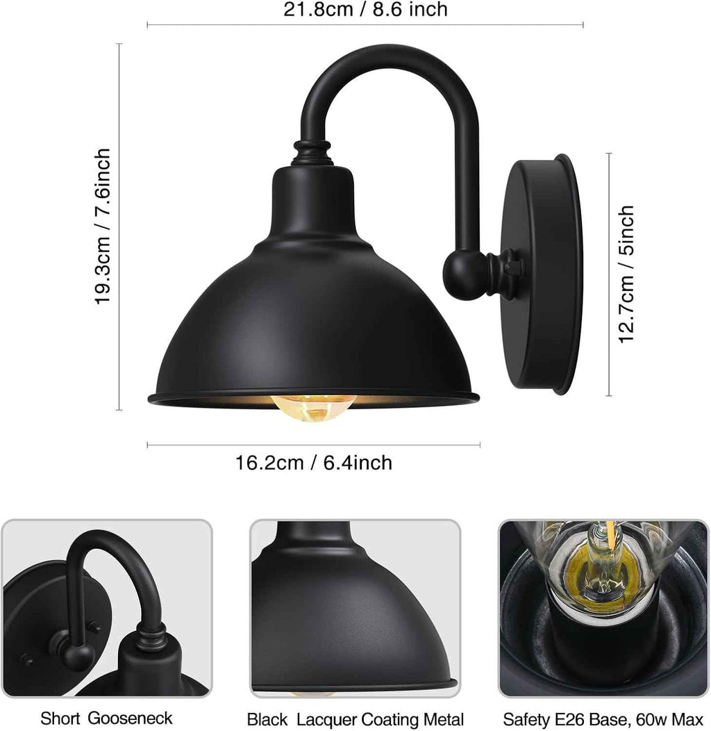 Barn Light Gooseneck Light, Small Farmhouse Outdoor Lighting | Black, 1-Light Outdoor Gooseneck Lighting, Farmhouse Wall Sconce, For Patio Porch Garage, 6.4" Diameter, 1pc, E26 Base