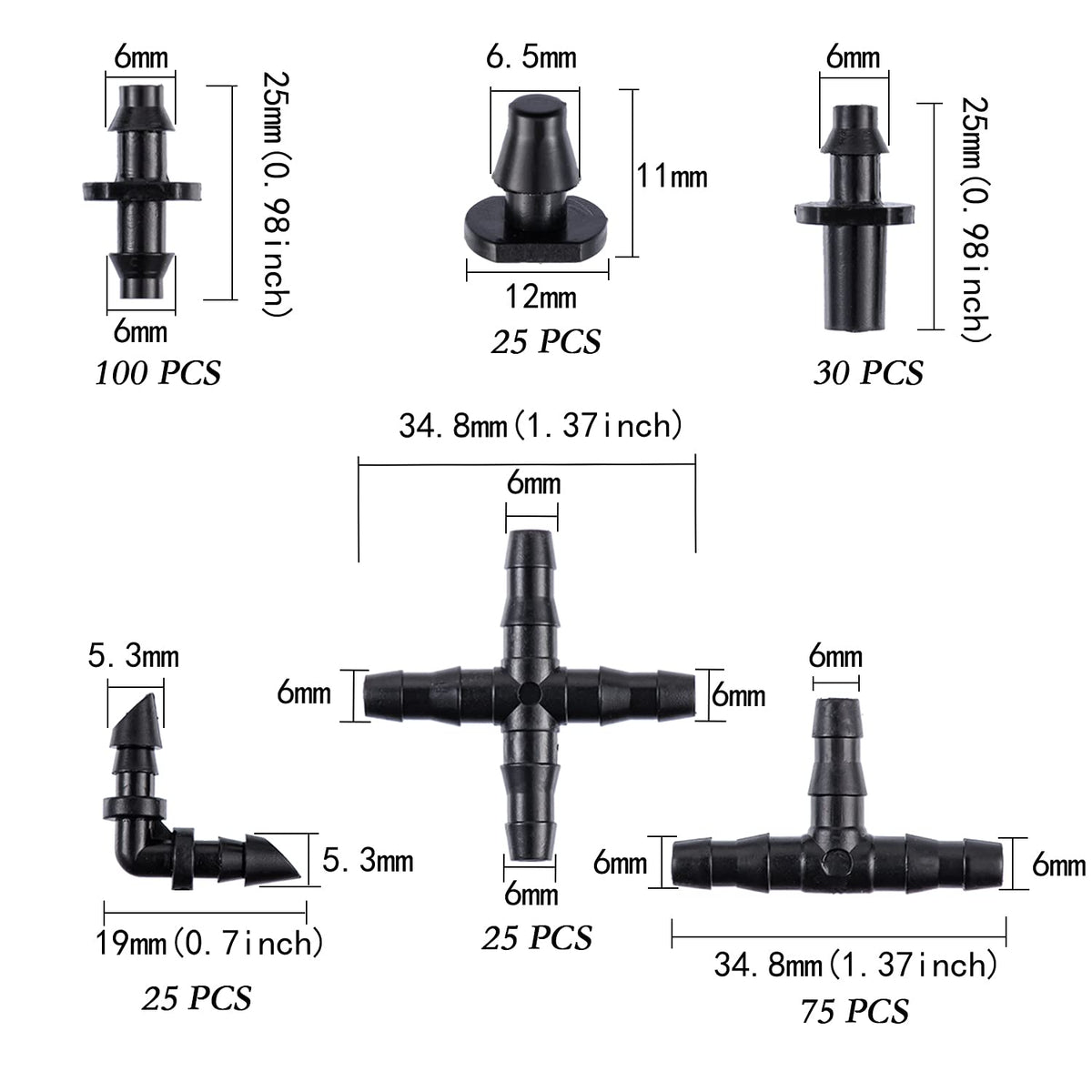 280 Pcs Barbed Connectors Irrigation Fittings Kit,Drip Irrigation Barbed Connectors 1/4''Tubing Fittings Kit for Flower Pot Garden Lawn(Straight Barbs,Single Barbs,Tees,Elbows,End Plug,4-Way Coupling)