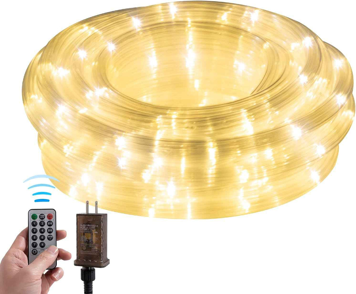33ft Rope Lights Outdoor,String Lights with Plug & Remote- 8 Modes,360° Glow,Waterproof Flexible Ripple Tube Warm White LED Rope Lighting for Outdoor/Indoor,Garden,Wedding,Pool,Patio,Bedroom Decor