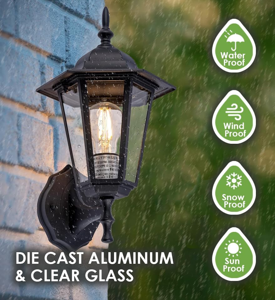 GRUENLICH Outdoor Wall Light Fixture, Antirust Aluminum Glass, Black 1 Pack | Exterior Porch Light Wall Sconce Lantern for House Patio Garage, Waterproof Rustproof, E26 Socket 60W Max