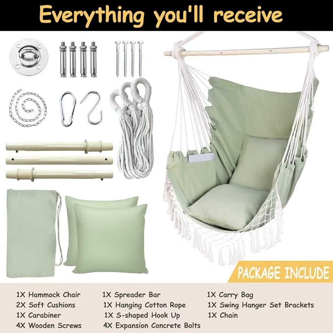 Hammock Chair Hanging Rope Swing Chair, Max 450 Lbs, Large Hanging Chair - Image 3