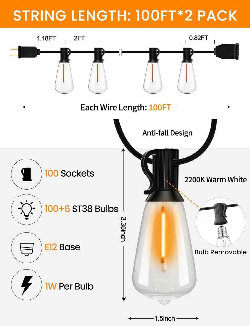 200FT ST38 Outdoor String Lights with 100 1W Plastic Shatterproof Bulbs | Pogestrand 2200K Warm White Waterproof LED Edison Hanging Connectable Patio String Lights for outside,Backyard,Bistro,Porch