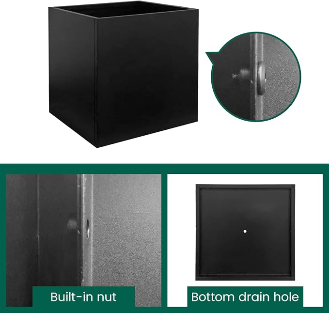 Galvanized Steel Planter Box Black Metal Planter 16Inch Square Indoor Outdoor - Image 3