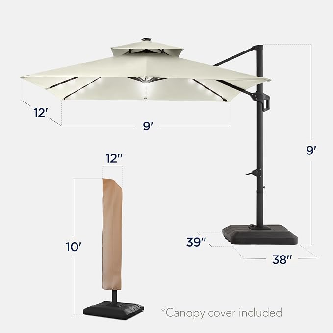 Best Choice Products 9x12ft LED Cantilever Patio Umbrella w/Base Included & - Image 2