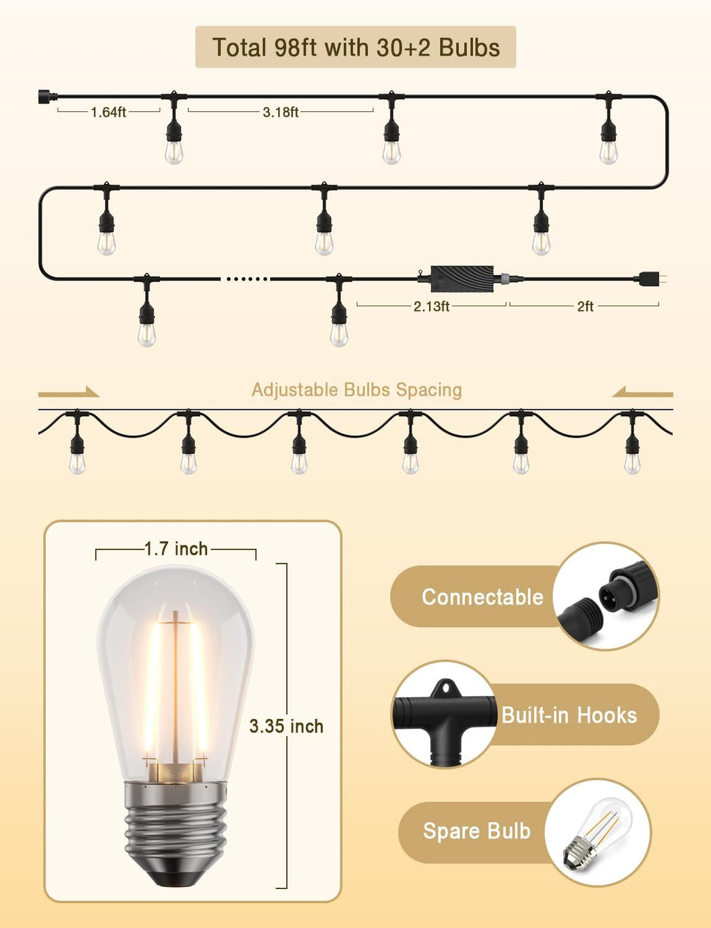 XMCOSY+ Outdoor String Lights, 98FT Smart Dimmable Edison Bulb Patio Lights | Smart App & Voice Control LED String Lights, Custom Schedules, Dimming, Warm White Light for Outside, Yard,Porch, Warerproof